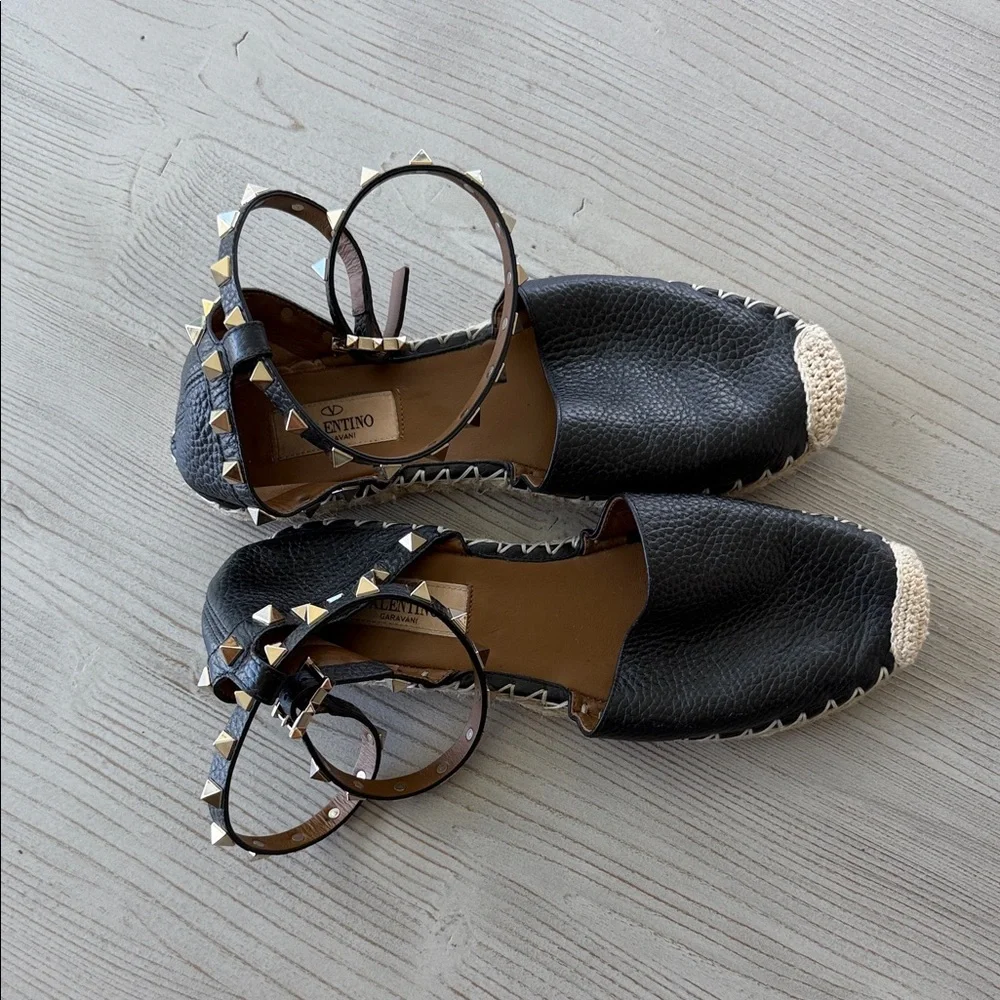 Valentino Black Leather Espadrille Flats with Studded Ankle Straps
